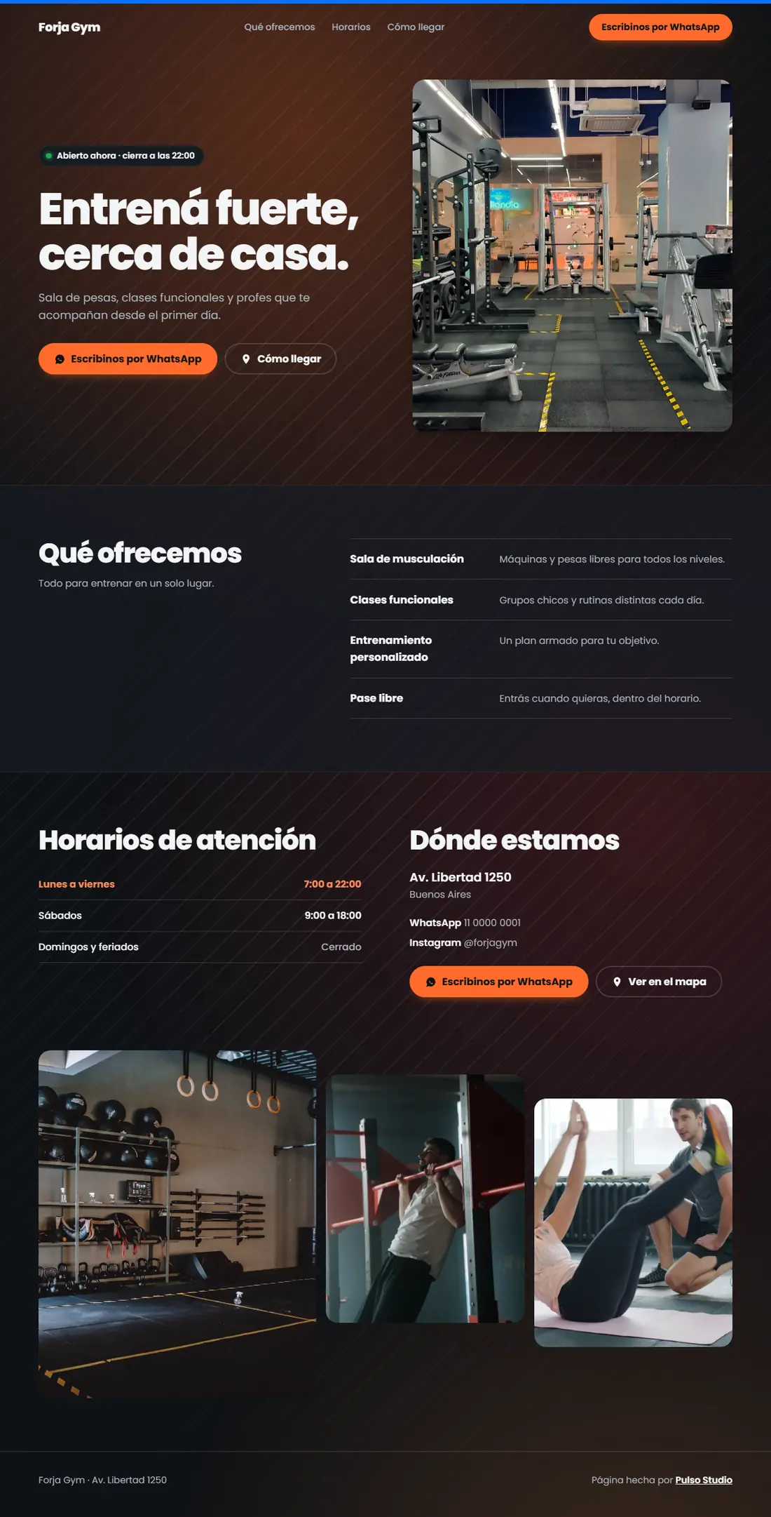 Página de ejemplo de un gimnasio