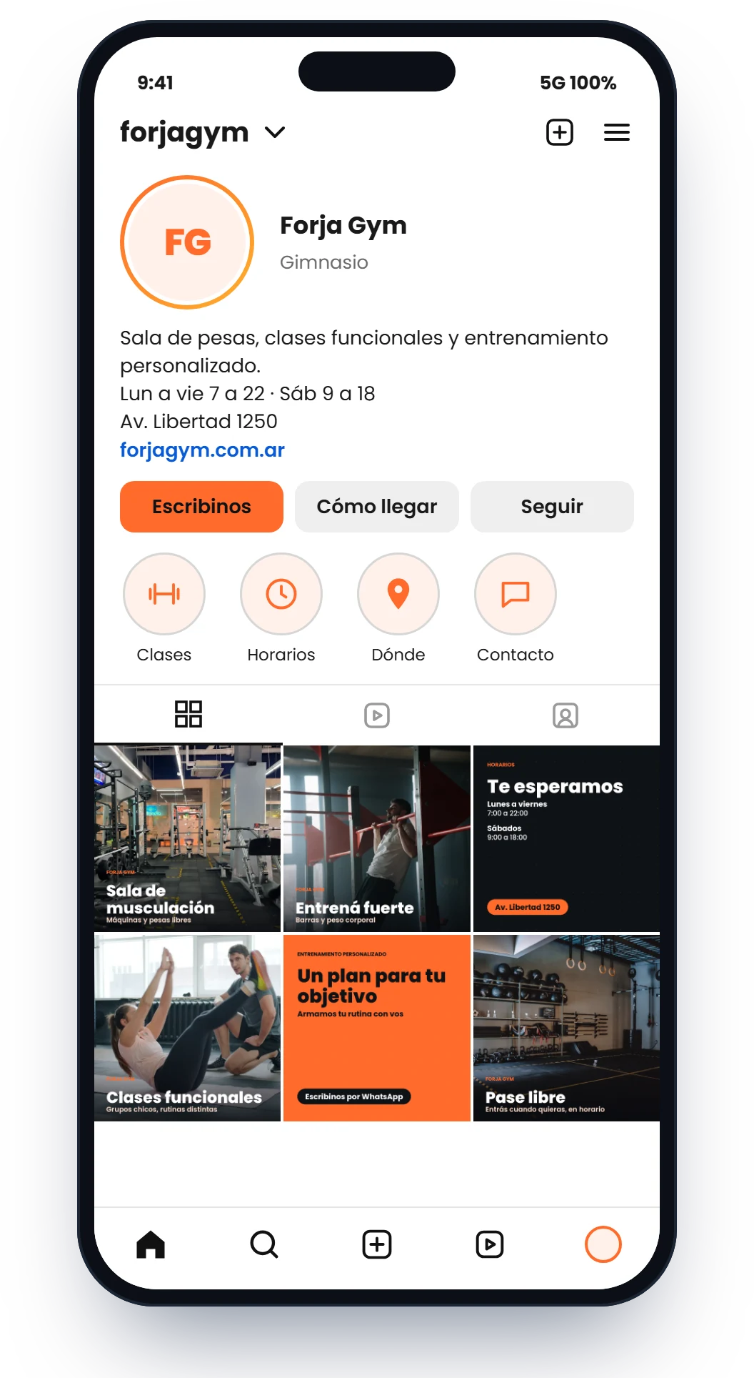 Ejemplo de perfil de Instagram de un gimnasio, con destacadas y seis publicaciones