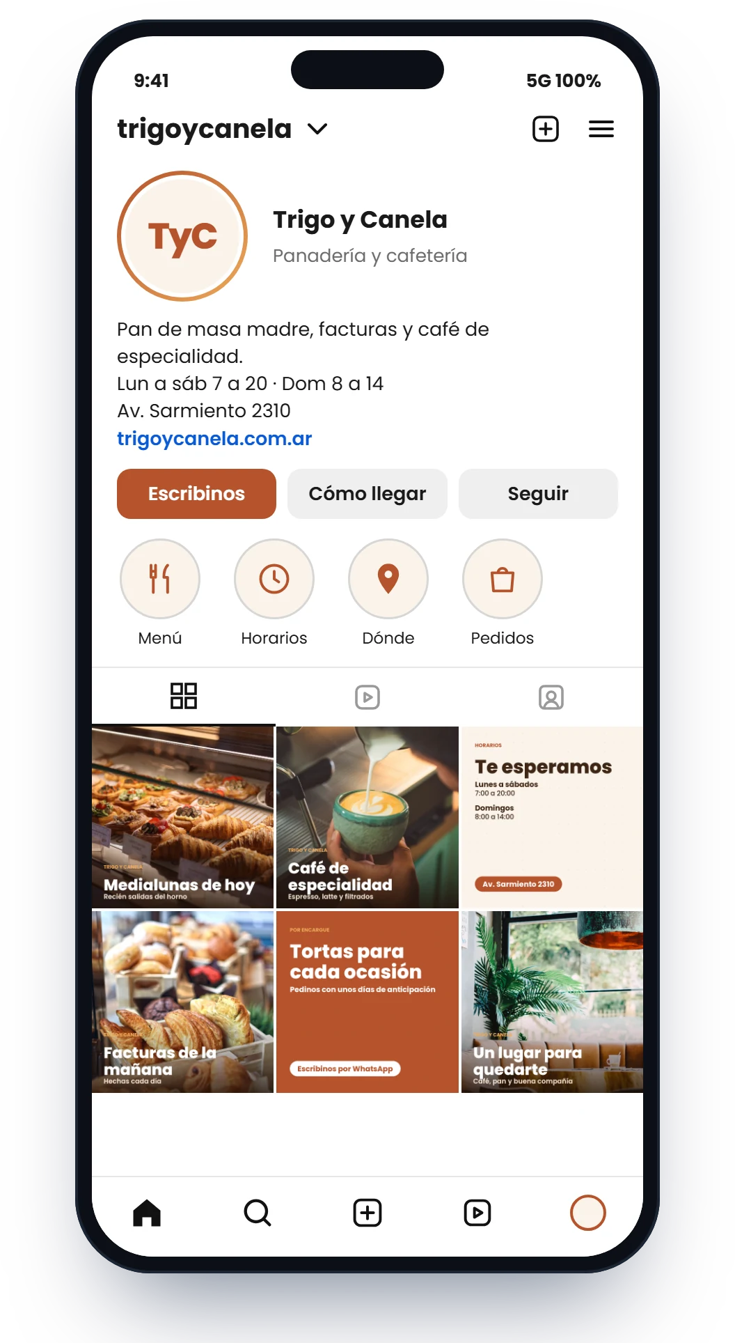 Ejemplo de perfil de Instagram de una panadería, con destacadas y seis publicaciones